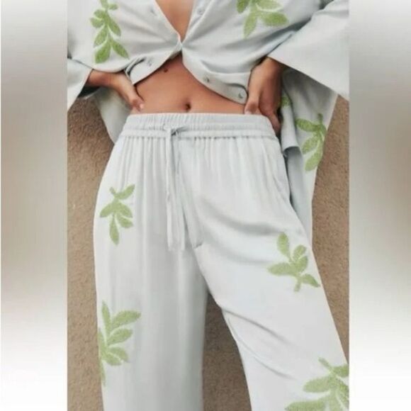ZARA Women's High Waist Satin Embellished Leaf Pants in Sky Blue Size Medium - Picture 2 of 10